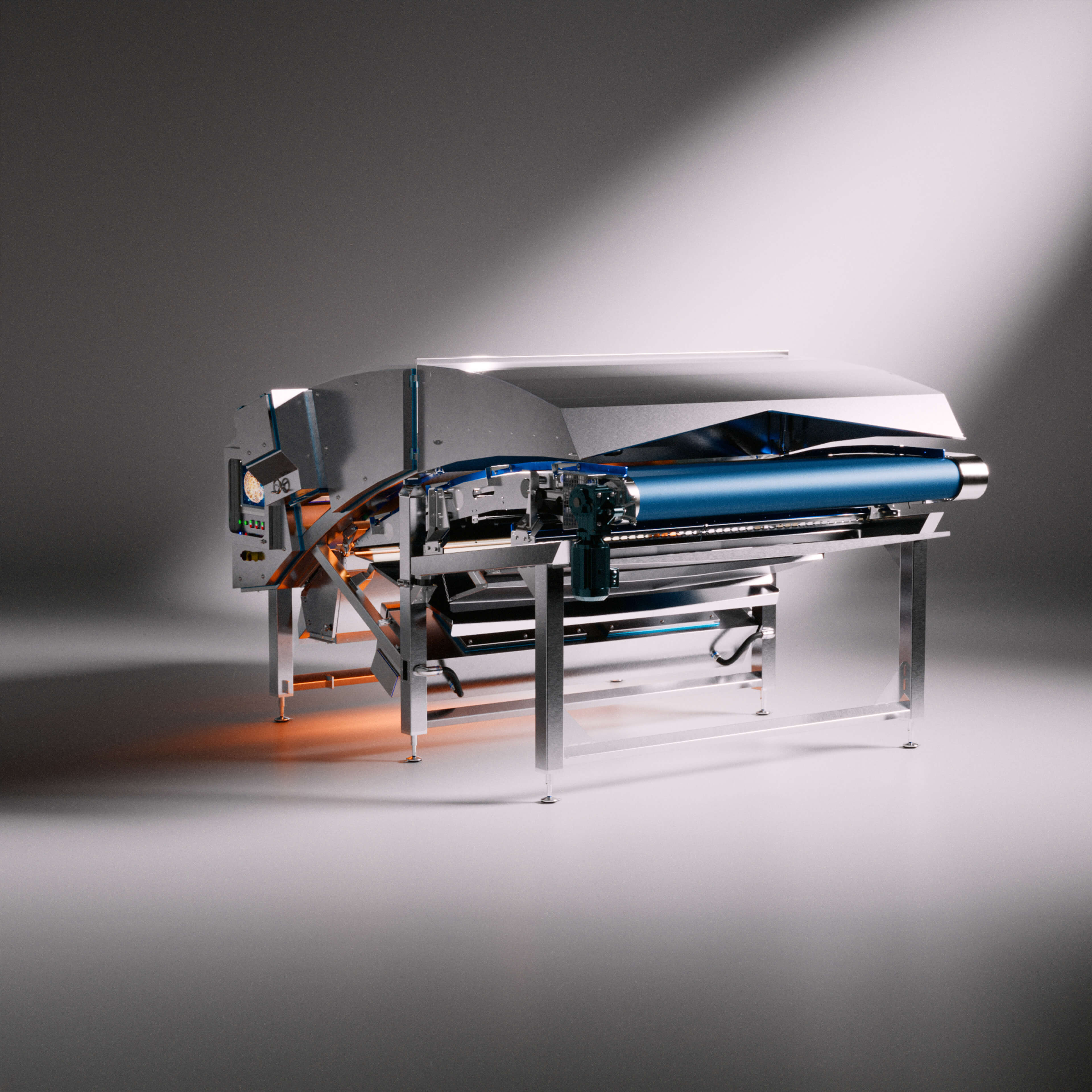 3D-Visualisierung einer industriellen Anlage mit Fördertechnik in einer kontrollierten Lichtsetzung