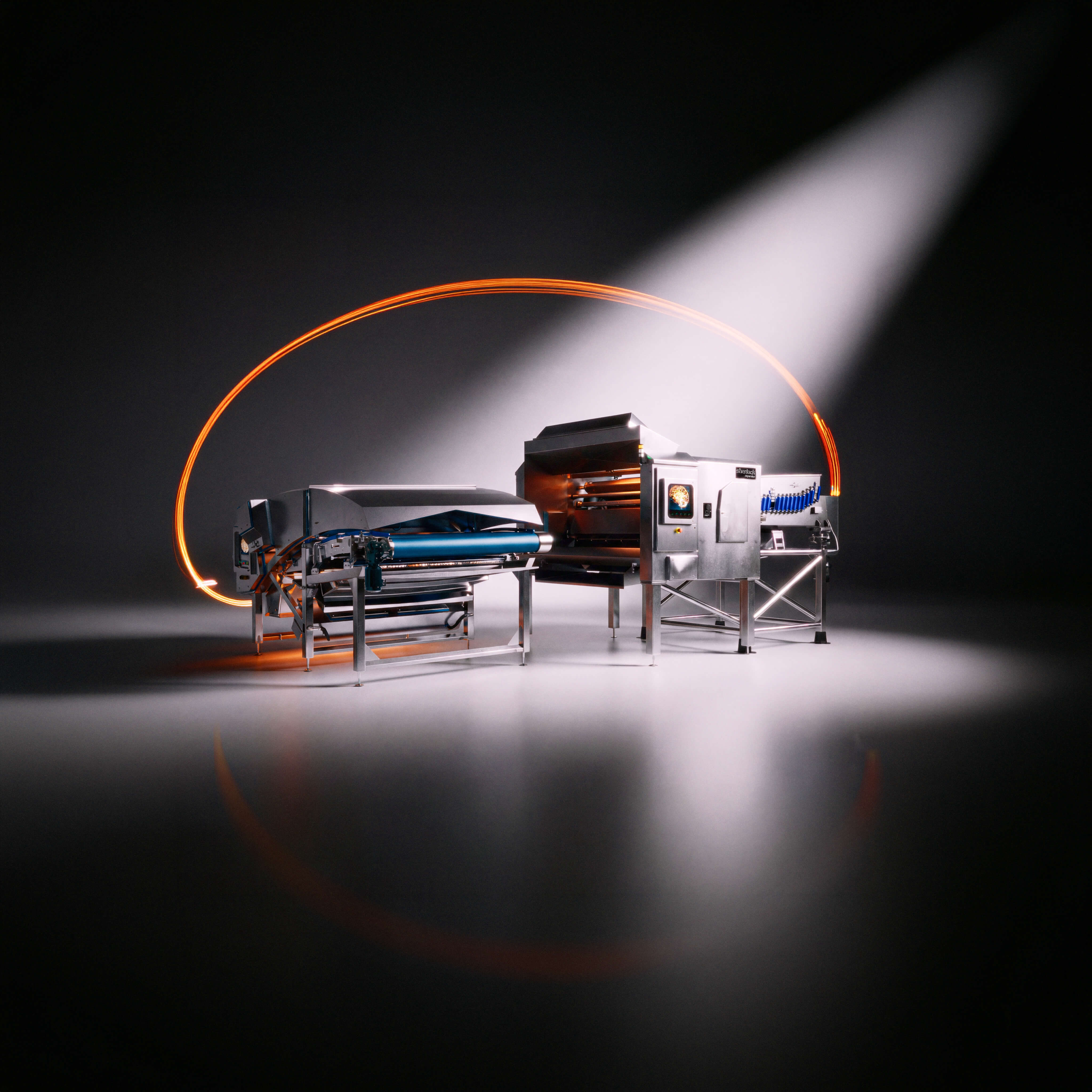 3D-Visualisierung einer industriellen Verarbeitungsanlage mit Fördertechnik
