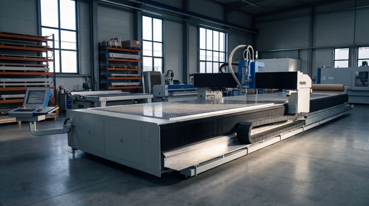KI-unterstützte Produktdarstellung einer industriellen Schneidanlage in einer Produktionshalle