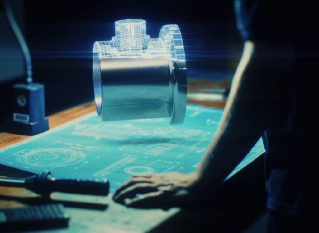 Visualisierung eines CNC-Präzisionsteils mit digitalem Overlay auf einem Konstruktionsplan – Szene aus einem hochwertigen Imagefilm für Behrens Feinwerktechnik. Das CNC Video inszeniert technische Exzellenz und Designkompetenz als Teil eines modernen Unternehmens-Imagefilms.
